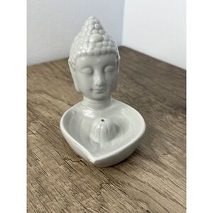 Ceramic Buddha Head Incense Burner Gray Backflow Lotus Leaf Holder Home Decor